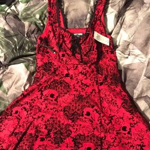 Red skull swing dress with black lace
